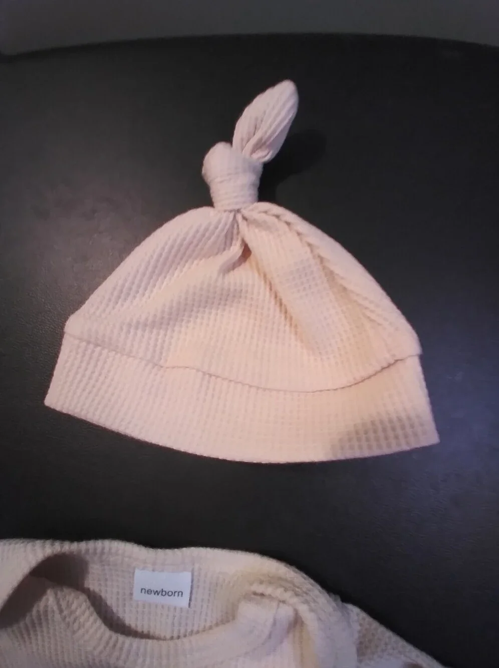 New Newborn Baby Boy Onesie With Hat. Cream Waffle Knit With Embossed Lover Boy